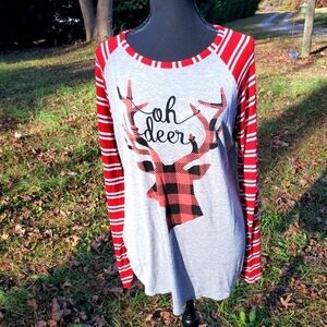 Buffalo Plaid OH DEER longsleeve tee with candycane stripe sleeves OXL